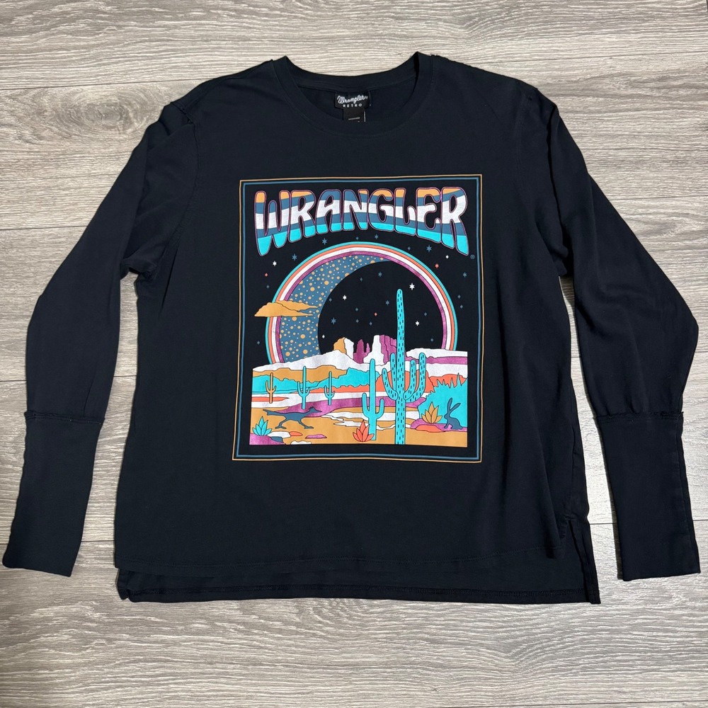 Wrangler Retro Womens Sz S Long Sleeve Graphic T Shirt Desert Cactus Moon Scene